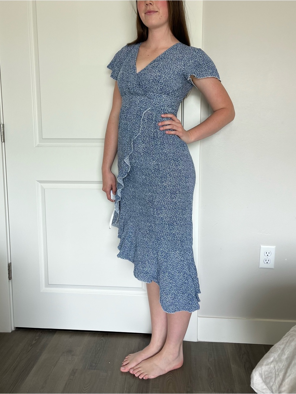 Blue Floral Ruffle Wrap Midi Dress